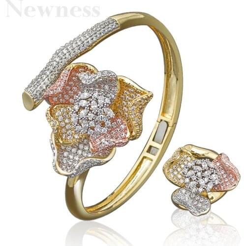 Newness Adjustable Bangle Ring Sets Luxury Flowers Fashion Jewelry Set Women Bridal Wedding Engagement Bangle Ring Set