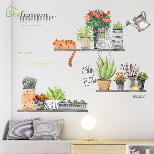 Nordic wall sticker cute cat and pots plants home self-adhesive stickers bedroom decor living room wall decor room decoration