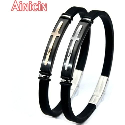 Stainless Steel Rose Gold Plating Cross Jewelry 6mm Wide European Mens Adjustable Silicone Bracelet Bangles