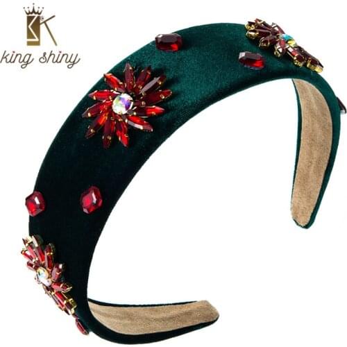 King Shiny Vintage Crystal Flower Headband for Woman Luxury Colorful Gem Diamond Beaded Wide-brimmed Hairband Girls Party Crowns