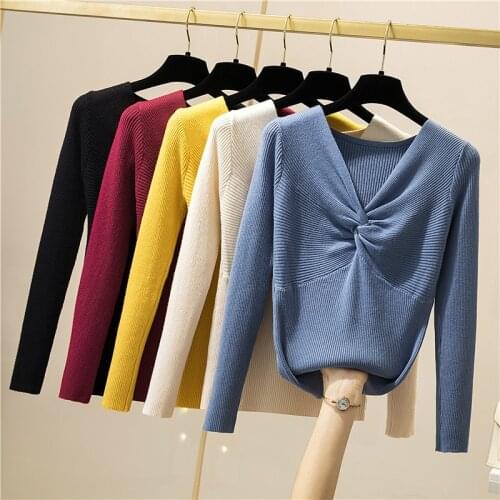 2021 V-neck Cross Pullover Women Solid Autumn Winter Female Knitted Ribbed Sweater Slim Long Sleeve Basic High Quality Sweater