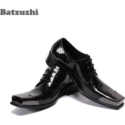 Batzuzhi Black Genuine Leather Dress Shoes Men Handmade MENs Leather Shoes Lace-up Square Metal Toe Business Leather Shoes