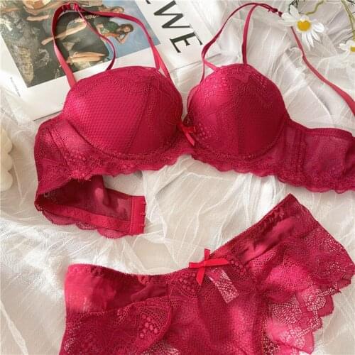 Wriufred Thin upper and lower thickness bra with panties set womens sexy gather underwear feminine lace bra panty set