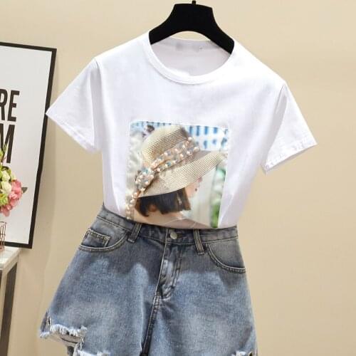 WWENN Women Summer T Shirts Tops Beading T-Shirt Cotton Tshirt White Black Short Sleeve Vetement Femme Korean Clothes 2021