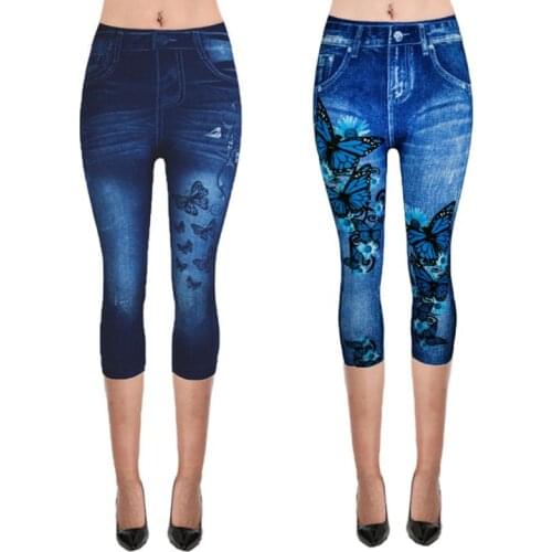Women Plus Size Fake Jeans Capri Pants Retro Wash Color Butterfly Denim Print Leggings High Waist Cropped Elastic Tights XS-3XL