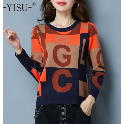 YISU 2020 Women Autumn Winter Knitted Sweaters Letter print Pullover tops O-neck Long sleeve Jumper loose warm Women Sweaters