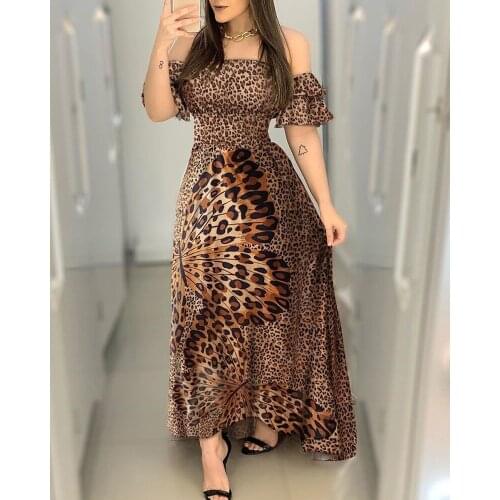 Butterfly Leopard Print Women Off Shoulder Long Dress Casual Shirring Design Ruffle Party Maxi Dress Vestido De Mujer 2021