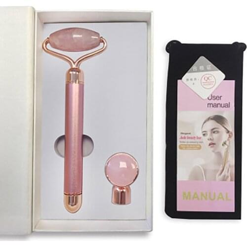 2 In 1 Electric Rose Quartz Face Roller Vibration Facial Massager Anti Aging Face Lift Massage Tool Natural Crystal Jade Roller