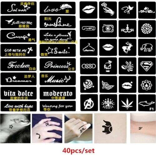 40pcs/set Reusable Henna Stencils Glitter Tattoo Set Letters Skull Lip Sexy Pochoir Airbrush Stencil for Painting Henna Template