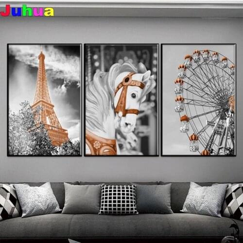 Black White landscape DIY Diamond Painting 5d tower white horse diamond Embroidery nordic Home Decoration Mosaic Wall Art