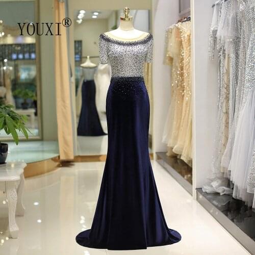 Velvet Evening Dress Mermaid Lace Beaded Navy Blue Formal Gown with Sleeves 2020