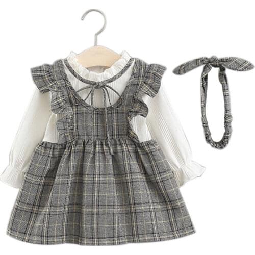 Baby Clothes Kids Baby Girls Dress 0-2Y Spring New Plaid Long Sleeve Ruffle Dress Bow Headband Sundress 2Pcs Sets