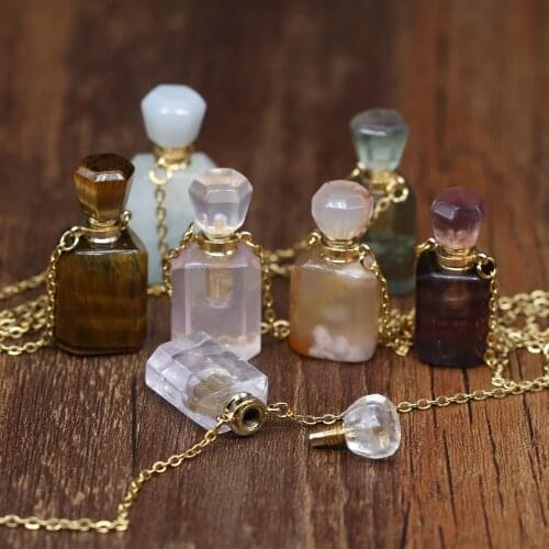 Perfume Bottle Necklace Natural Stone Aquamarine Pendant Essential Oil Diffuser Charms for Women Men Healing Jewelry Gift