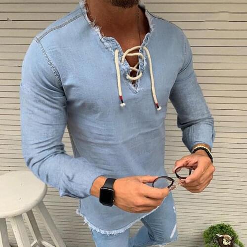 Denim Mens T-Shirt V-neck Long Sleeves Lace Up Solid Color Summer Fashion New Slim Slimming Mens Casual Cotton Blend T Shirt