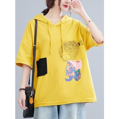 Japanese Style Print Cartoon Sweet Girls Street Fashion Chic Summer T Shirt Loose Tops Cotton Hooded Women Casual T Shirts Tees