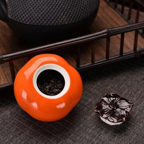 1pc Persimmon Storage Tank Ceramics Tea Pot with Cover Small Portable Sealed Jar Tea Storage Home Desktop Decorative Can