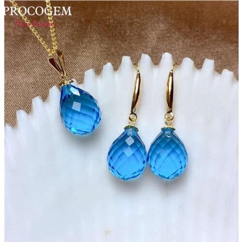 PROCOGEM 18K Ling plaid Natural Blue Topza Jewelry sets for women Party Genuine Gemstones Necklace Pendant Drop Earrings #820