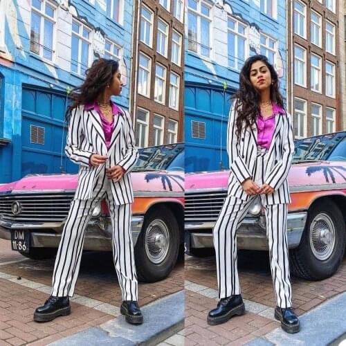 Black White Striped Blazer Suits Women Pants Suit Leisure Loose Ladies Club Party Wedding Outfit (Jacket+Pants)