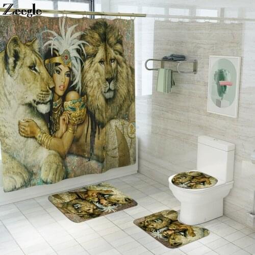 Creative Lion Printed Bath Mat and Waterproof Shower Curtain Set Anti-slip Floor Pad Toilet U-Shaped Foot Mat Bathroom Rug Set