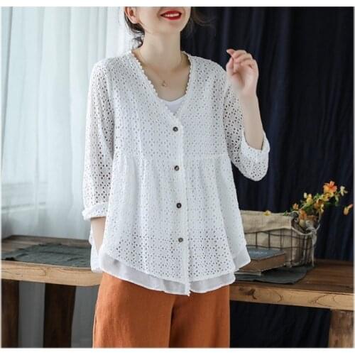 Lamtrip Unique Hollow Out Embroidered Layers V-Neck Cardigan Cotton Shirt