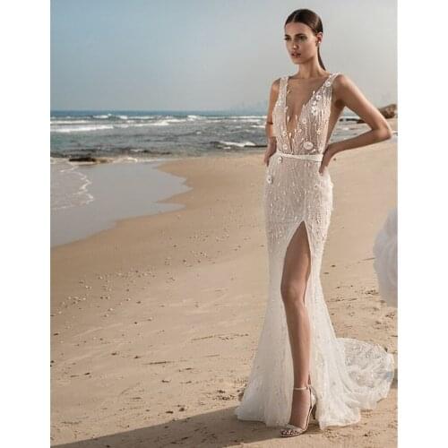Fashion Spain Beach Wedding Dresses Sexy Deep V-neck Slit Skirt Flower Bridal Gowns