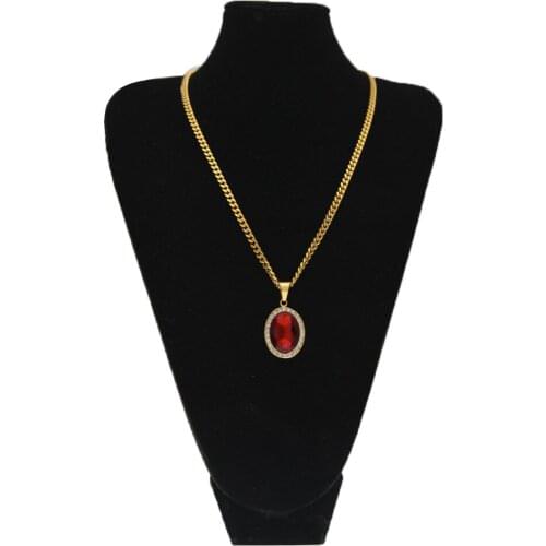 Mens Hip Hop Gold Color Plating Stainless Steel Oval Pendant Ice Out Cuban Jewerly Necklace Chain For Men