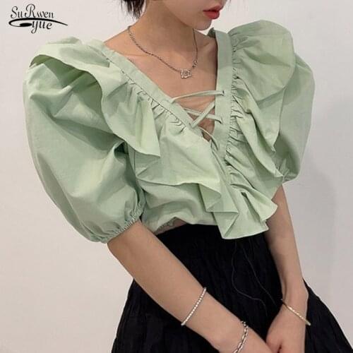 Ruffles Sweet Short Sleeves Elegance 2021 Summer Lady Chic High Street Gentle Femme Loose Tops New Hot Fashion Blouses 14613