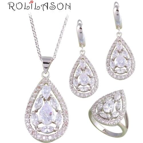 ROLILASON Lady Style Holy White Water Drop Silver Stamped Jewelry Sets Earring Necklace Pendant Rings Fashion Jewelry JS683
