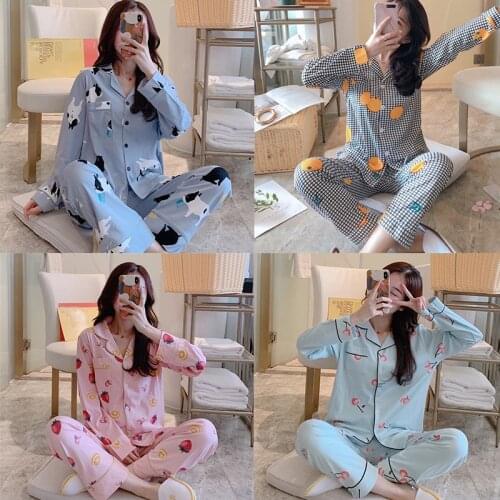 FINETOO M-2XL Cartoon Print Pyjama Set for Women Comfortable Milk Silk Ladies Lovely Sleepwear Fashion Female Long Sleeve 2021