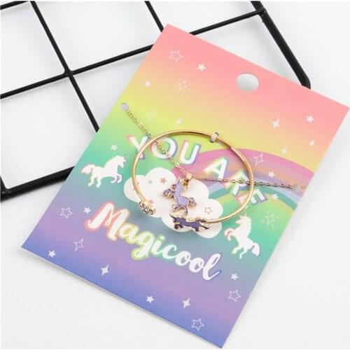 QIAMNI Cute Unicorn Necklace Bangle Cartoon Horse Jewelry Set Gift For Girls Children Kids Women Party Animal Pendant Bracelet