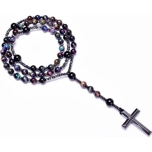 Luxury Galaxy Tiger Eye Stone Hematite Cross Pendant Necklace Catholic Christ Rosary Necklaces Meditation Protection Jewelry