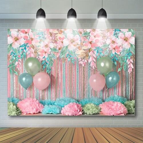 Pink Floral Balloons Kids Cake Smash Backdrop Portrait Spring 1st Birthday Newborn Background Photocall Photostudio Rose Props