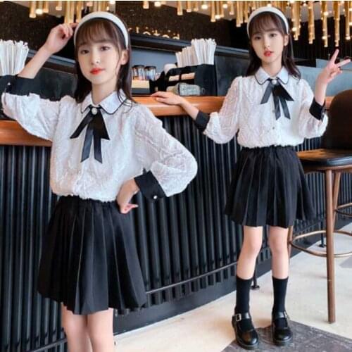 Cultiseed Big Girls Bow Peter Pan Collar Shirts+Pleated Dress 2pc Sets Clothing Children Students School Dance Dinner Party Gown