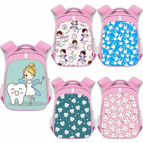 Cartoon Tooth Pattern Backpack 16 Inch Teenagers Toothbrush Tooth Fairy Children School Bag Large Capability Rucksack Bookbags