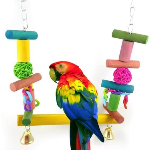 Funny Bird Swing Toys Wooden Parrot Chew Toy Interactive Parakeet Chew Toy With Bells Bird Cage Hanging Toys Birds Accessories
