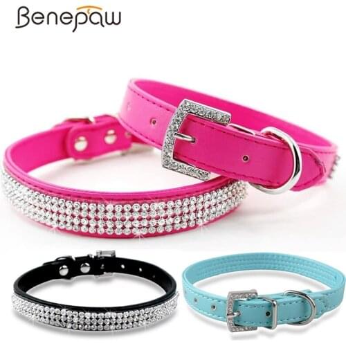 Benepaw Rhinestone Dog Collar Fashion Quality Adjustable PU Leather Cat Puppy Pet Collar For Small Medium Dogs Skin Friendly