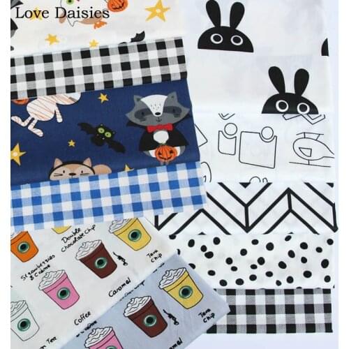 Cartoon Fox Bat Coffee Star Rabbit Black white Car Dot Rhombus Check 100% Cotton Twill Fabric for Summer Clothing Patchwork