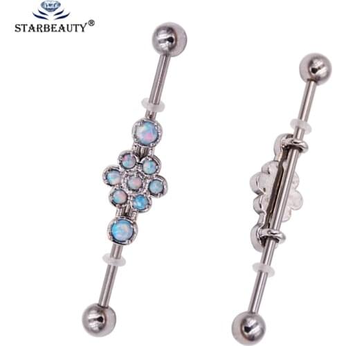 1 Pc 1.6*38+5mm Opal Gem Industrial Piercing Barbell Jewelry Stainless Steel Ear Tragus Cartilage Helix Barbell Stud Earring