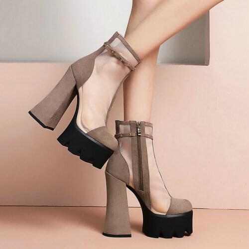 2021 Faux Suede Platform Square High Heel Women Ankle Boots Mesh Summer Women Short Boots Side Zipper Dress Womens Shoes