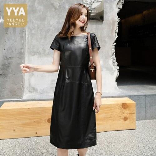 Office Ladies Short Sleeve Sheepskin Genuine Leather Dress Women Slim Fit Classic Black Midi Dress Spring Autumn A Line Dresses