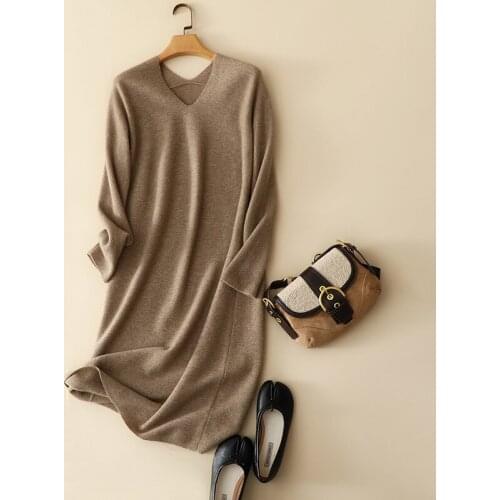 Pure 100% cashmere Dress Women Long Autumn winter womens cashmere sweater dress cashmere knitted V-neck