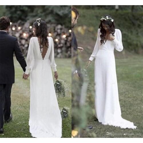 Simple 2021 Bohemian Country Wedding Dresses V-Neck Backless Long Sleeve Beach Plus Size Wedding Dress vestido de novia Cheap