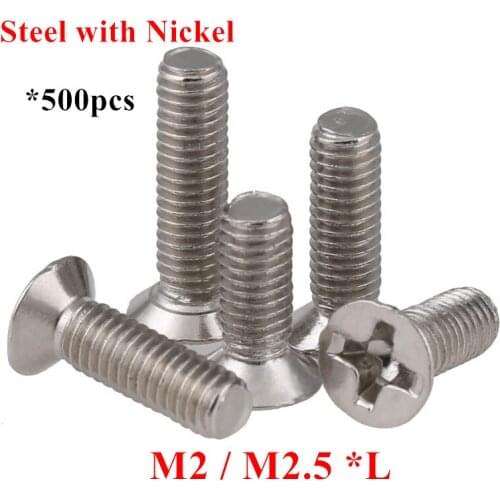 500pcs M2 M2.5*3/4/5/6/7/8/9/10/12/14/16/20/25/30mm Screws Flat Phillips head machine screw steel with nickel plated