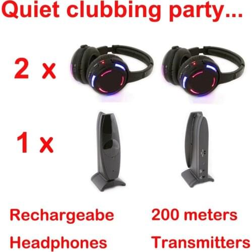 Silent Disco compete system black led wireless headphones - Quiet Clubbing Party Bundle (2 Headphones + 1 Transmitters)