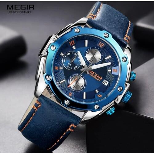 MEGIR Mens Chronograph Quartz Watches Leather Strap Army Sports Casual Wristwatch Man Relogios Masculino Clock 2074 Blue