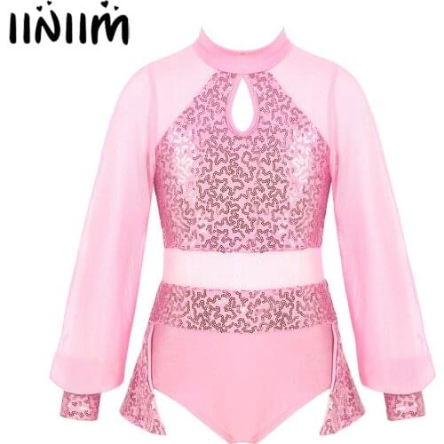 Kids Girls Split Ballroom Dance Competition Dress Sparkly Keyhole Tulle Splice Leotard Dress for Modern Contemporary Dancewear