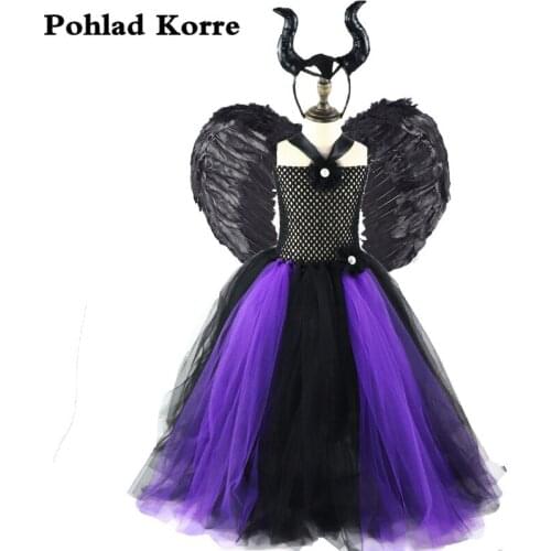 Kids Black Purple Witch Queen Girls Tutu Dress Wing Horn Halloween Costume Cosplay Carnival Princess Party Girls Dresses Up XX04