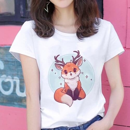 Womens T-shirt Summer Kawaii Fox Printed Shirt Hipster Cute Tops Female Fashion Seasons Harajuku White Print Lady Tees