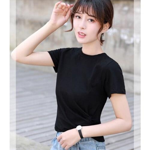 GGRIGHT Cotton pleats Tops Summer 2019 Korean Style T Shirt Women Slim T-Shirt Cotton Tshirt Womens Clothing Tee Shirt Femme