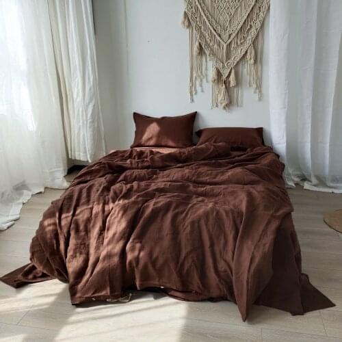 Set of 4 Pre stone washed 100% Natural Linen Deep Coffee bedding sets include 1 duvet cover + 2 pillowcases + flat sheet